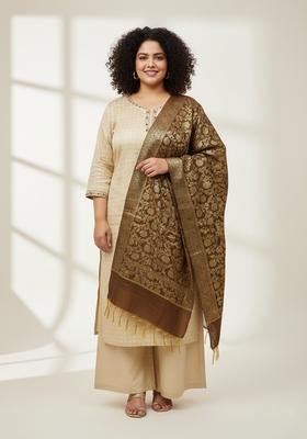 Beige Embellished Poly Blend Kurta Set