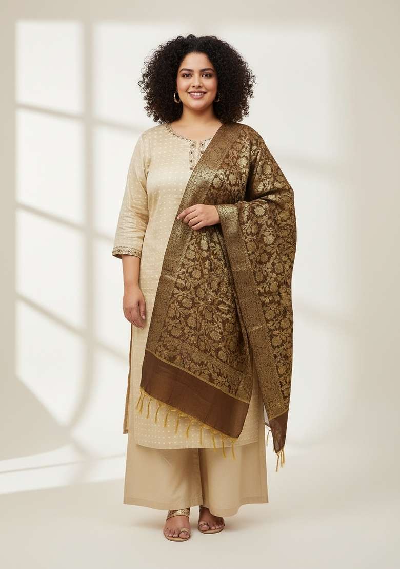 Beige Embroidered Blended Straight Kurta Set - Indya
