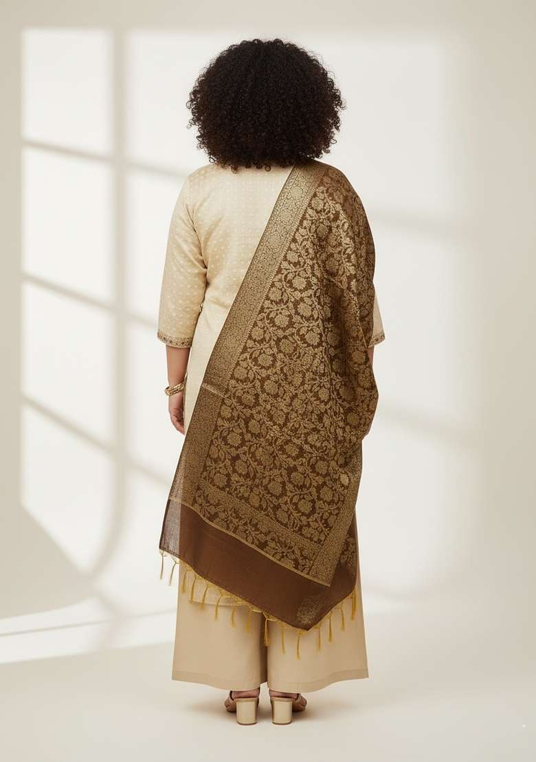 Beige Embroidered Blended Straight Kurta Set - Indya