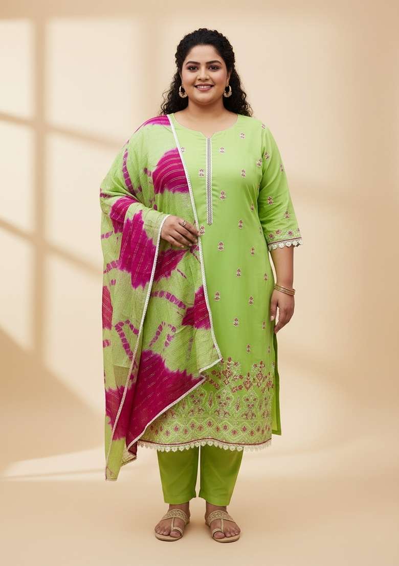 Green Embroidered Georgette Straight Kurta Set - Indya