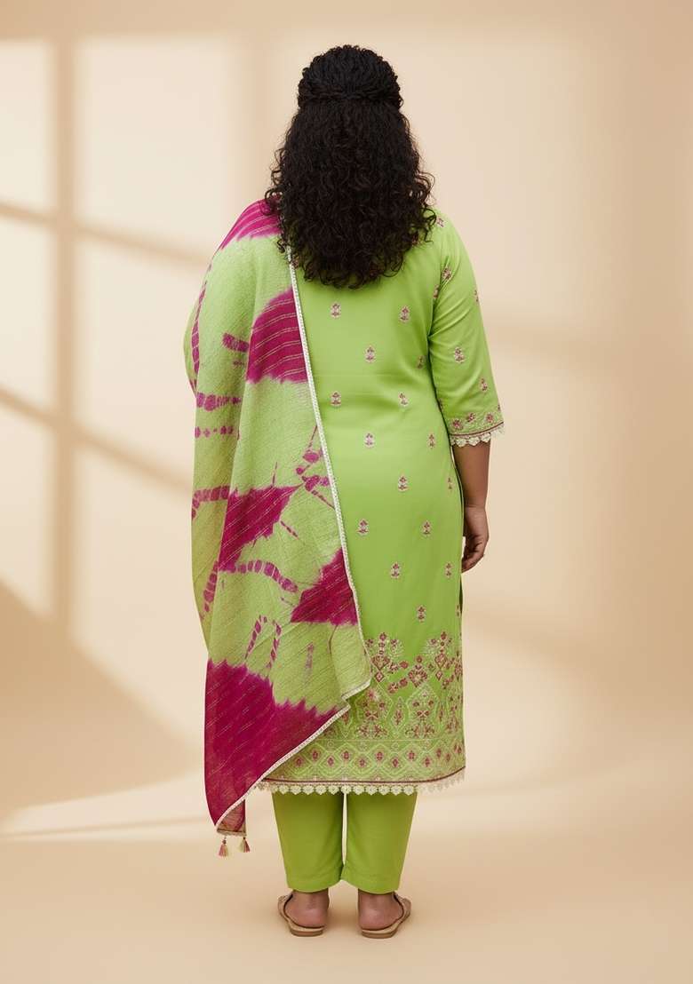 Green Embroidered Georgette Straight Kurta Set - Indya