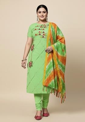 Green Embroidered Cotton Blended Kurta Set