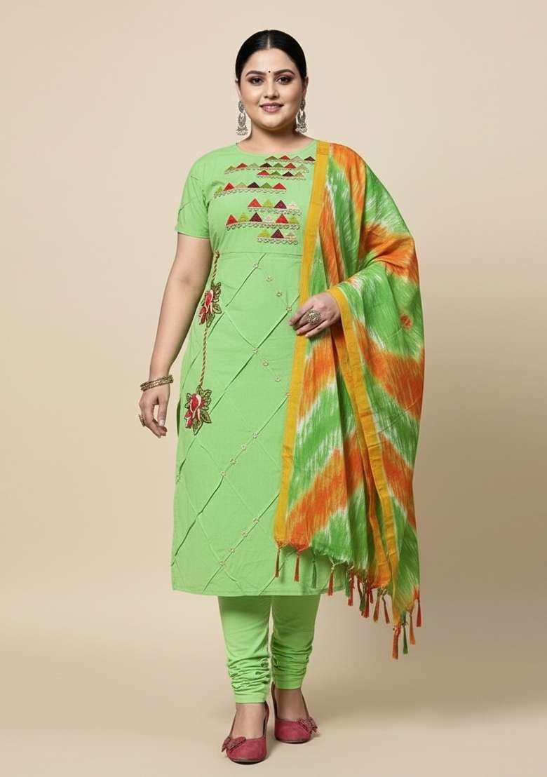Green Embroidered Cotton Straight Kurta Set - Indya