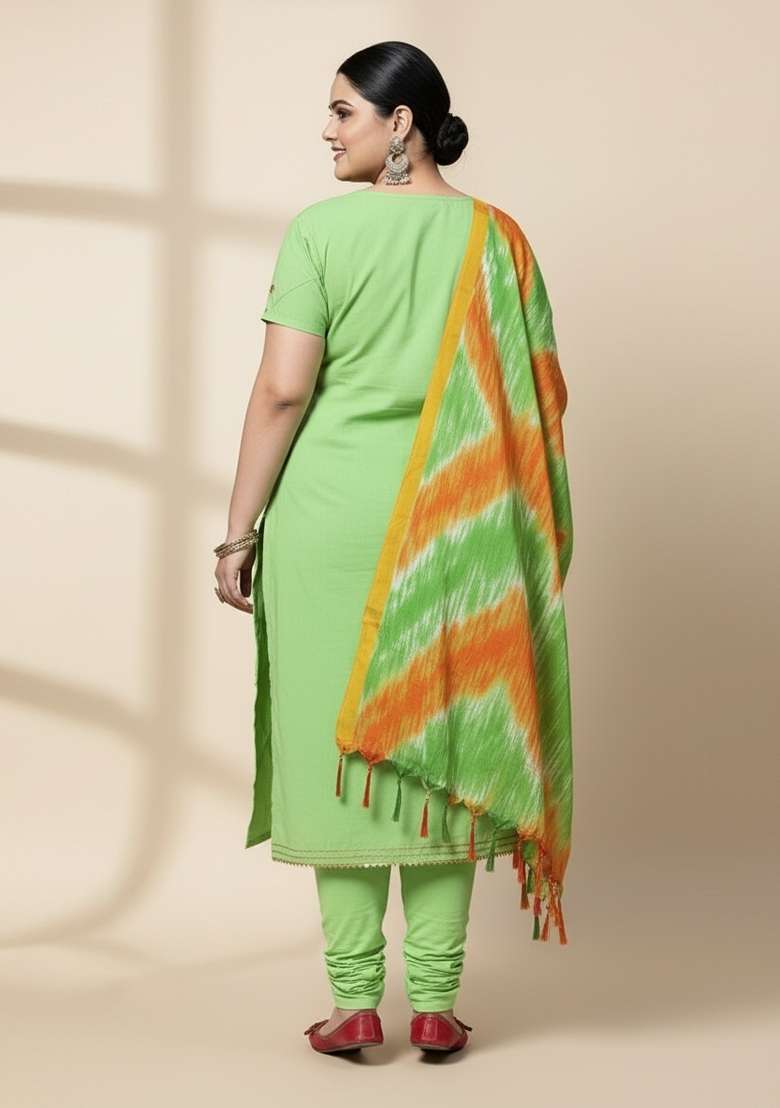 Green Embroidered Cotton Straight Kurta Set - Indya