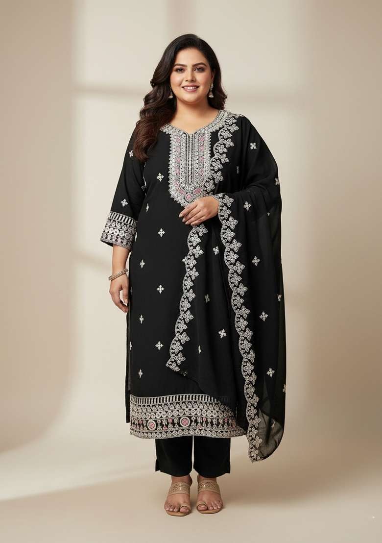 Black Embellished Georgette Kurta Set - Indya