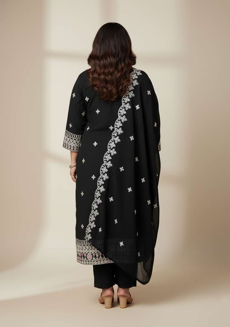 Black Embellished Georgette Kurta Set - Indya