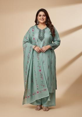 Sea Green Printed Poly Blend Kurta Set
