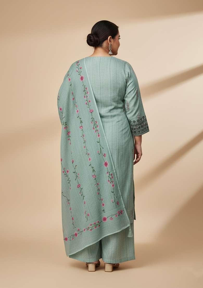 Sea Green Embroidered Poly Straight Kurta Set - Indya