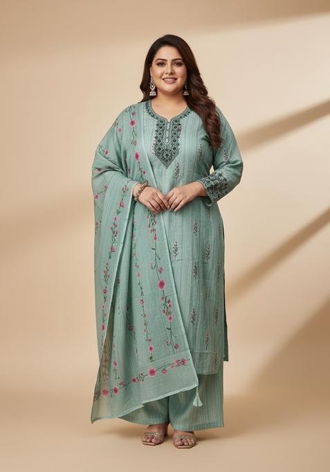 Sea Green Printed Poly Blend Kurta Set