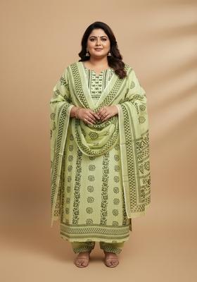 Green Printed Poly Blend Kurta Set