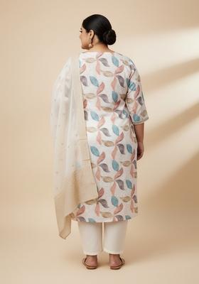 Off White Printed Poly Blend Kurta Set