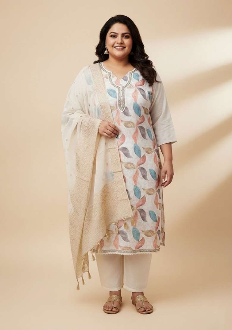 Off White Printed Poly Blend Kurta Set - Indya