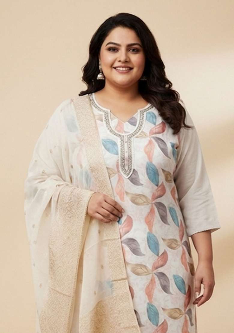 Off White Printed Poly Blend Kurta Set - Indya