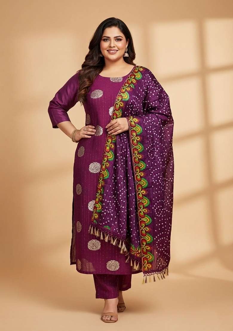 Purple Embroidered Blended Straight Kurta Set - Indya