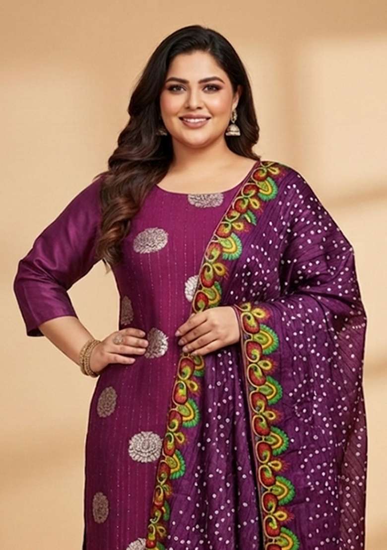 Purple Embroidered Blended Straight Kurta Set - Indya