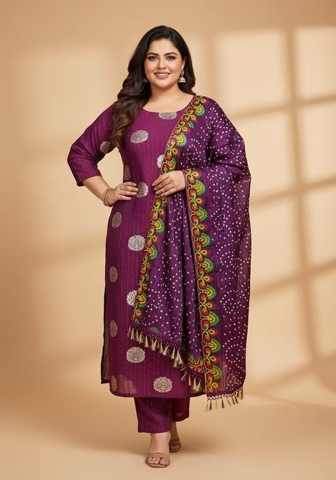 Purple Motif Poly Blend Kurta Set
