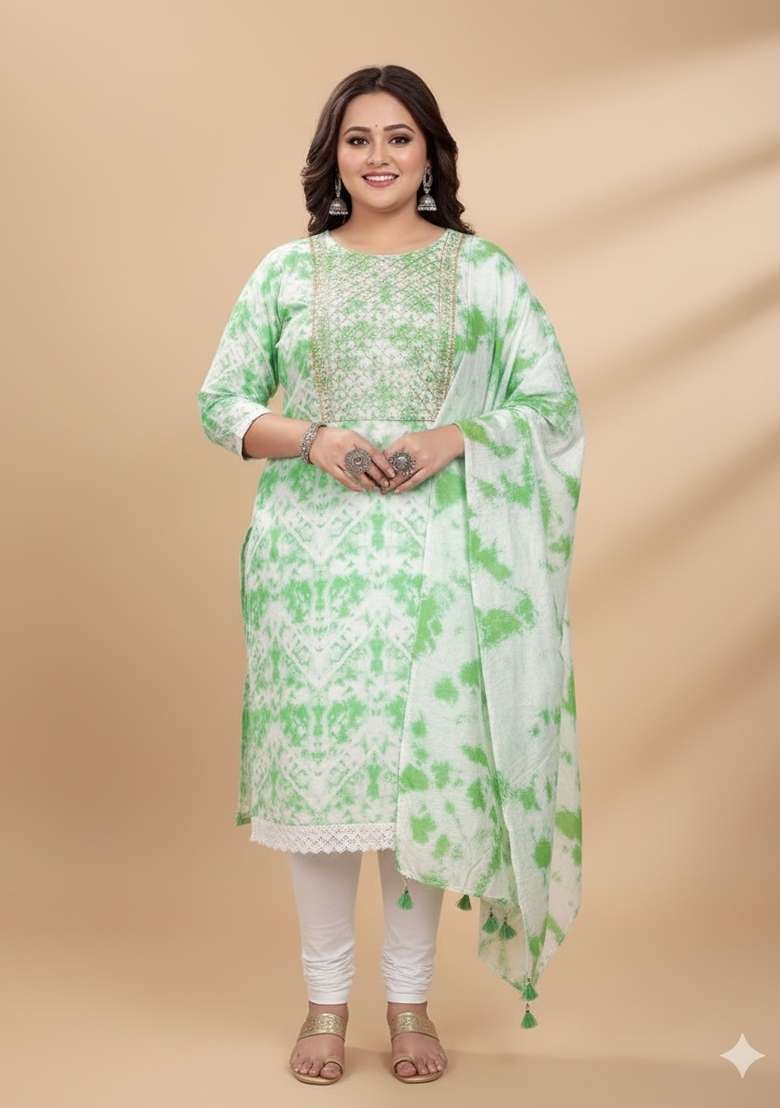 Green Tie And Dye Blended Straight Kurta Set - Indya