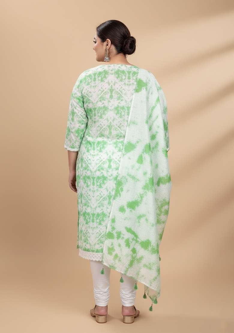 Green Tie And Dye Blended Straight Kurta Set - Indya