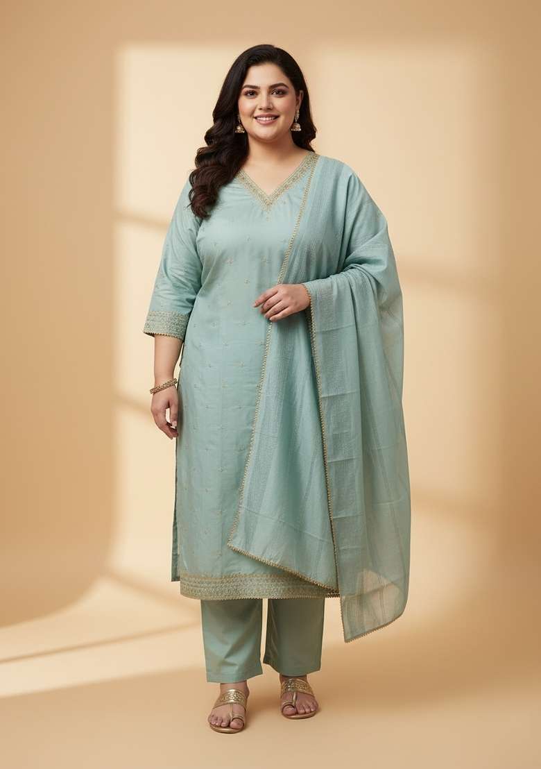 Sea Green Zari Work Poly Straight Kurta Set - Indya