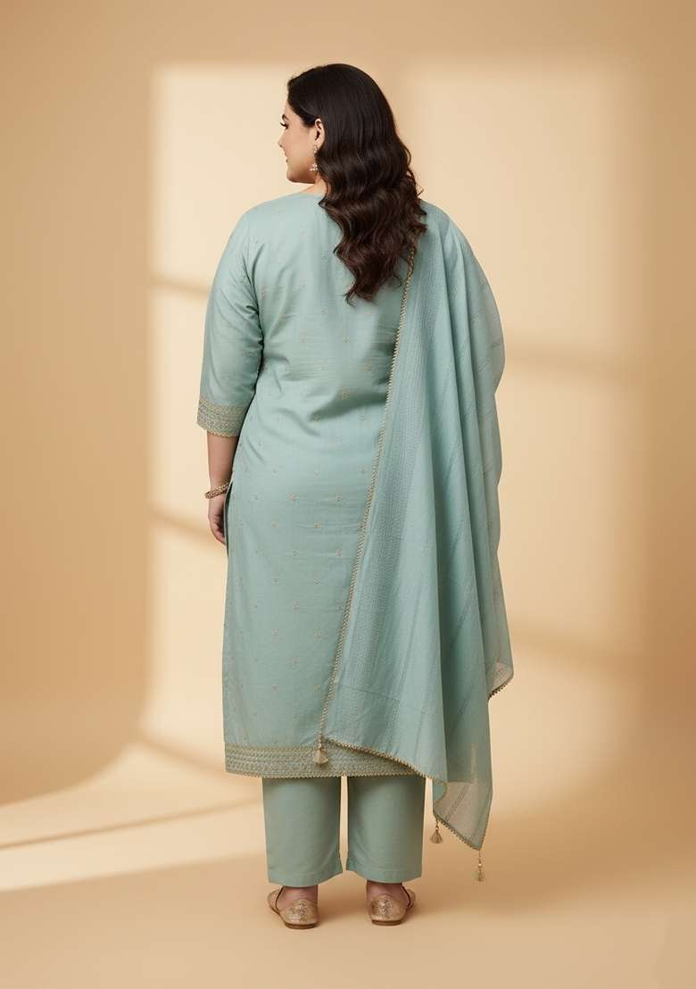 Sea Green Zari Work Poly Straight Kurta Set - Indya