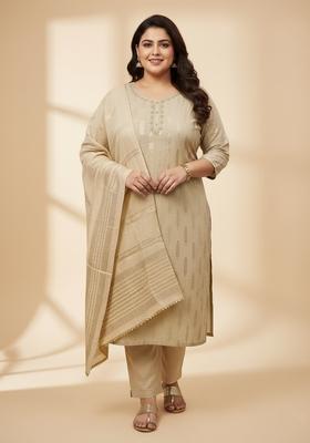 Beige Embellished Poly Blend Kurta Set