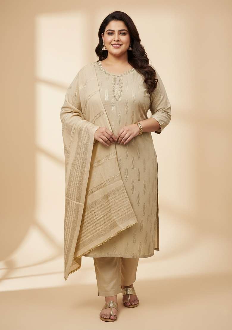 Beige Embroidered Blended Straight Kurta Set - Indya