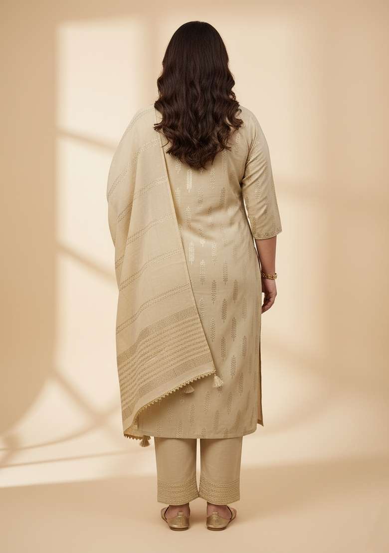 Beige Embroidered Blended Straight Kurta Set - Indya