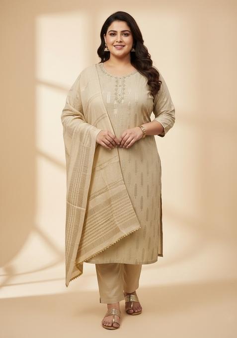 Beige Embellished Poly Blend Kurta Set