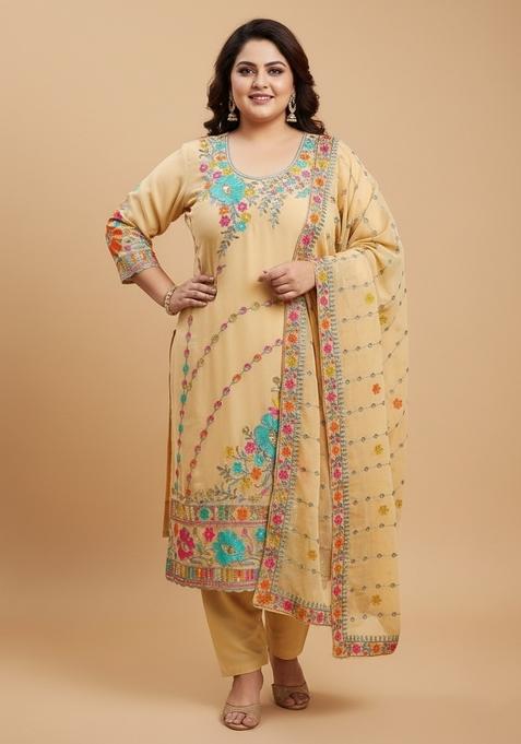 Beige Embroidered Poly Blend Kurta Set