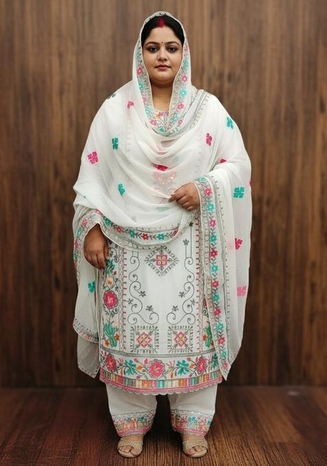 White Embellished Poly Blend Kurta Set