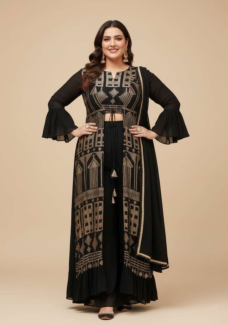 Black Embroidered Georgette Kurta Set - Indya