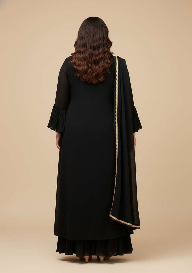 Black Embroidered Georgette Kurta Set - Indya