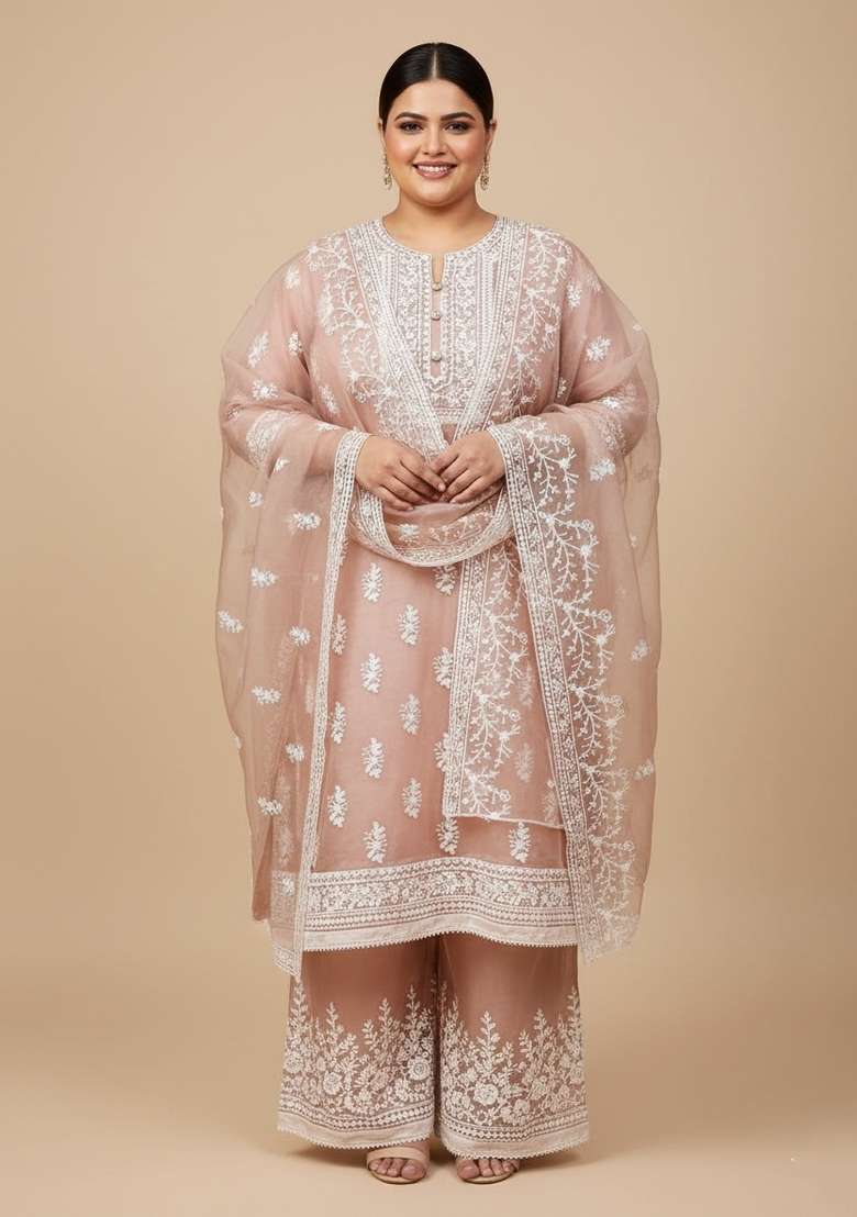 Peach Embroidered Organza Kurta Set - Indya
