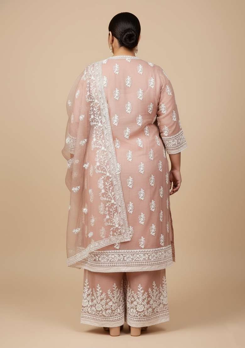 Peach Embroidered Organza Kurta Set - Indya