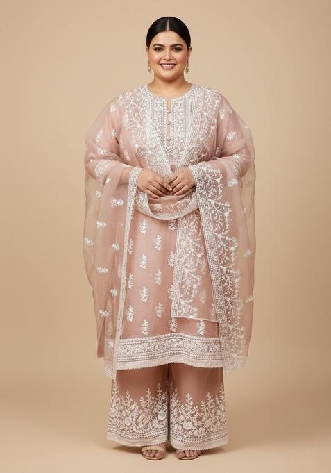 Peach Embroidered Organza Kurta Set