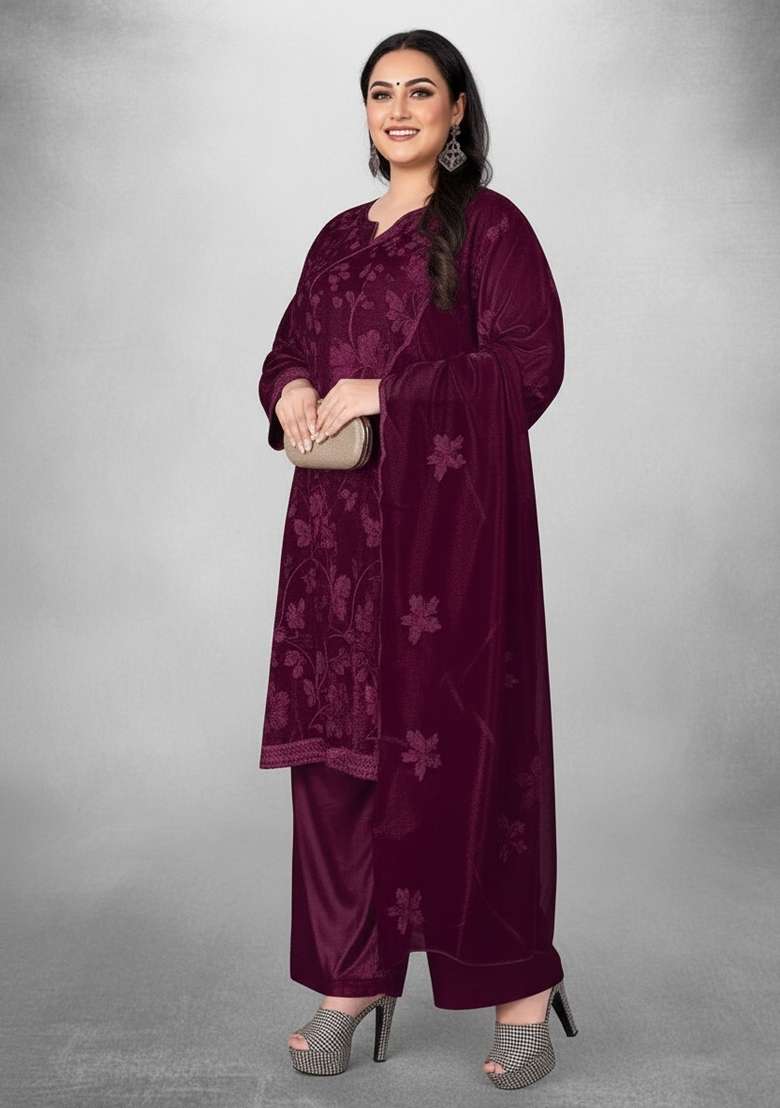 Magenta Embroidered Blended Straight Kurta Set - Indya