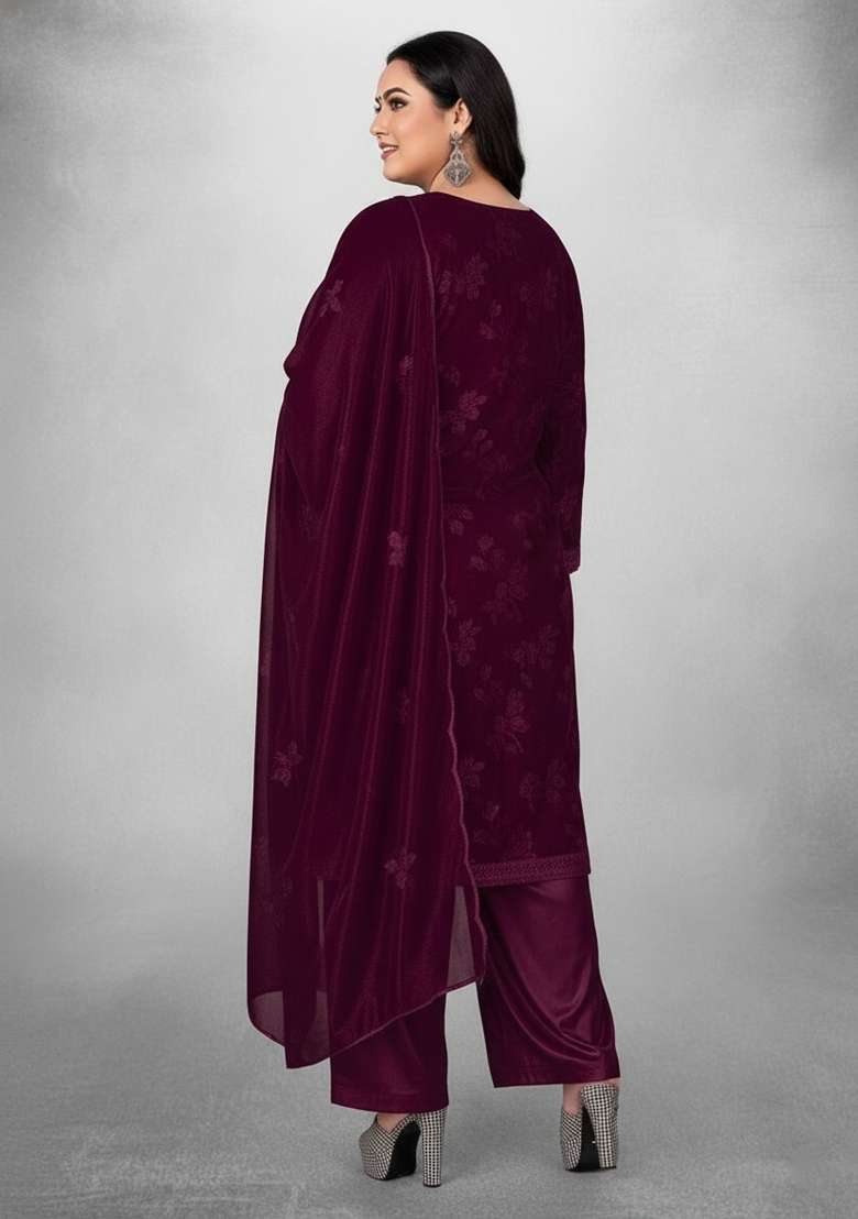 Magenta Embroidered Blended Straight Kurta Set - Indya