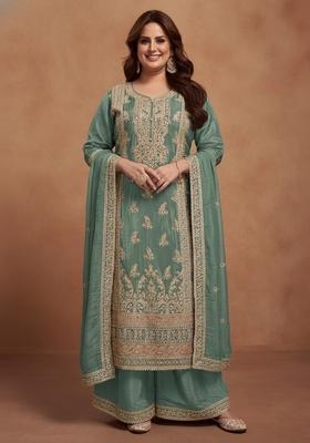 Sea Green Embroidered Silk Straight Kurta Set
