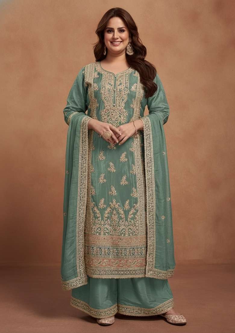 Sea Green Embroidered Silk Blend Punjabi Suit - Indya