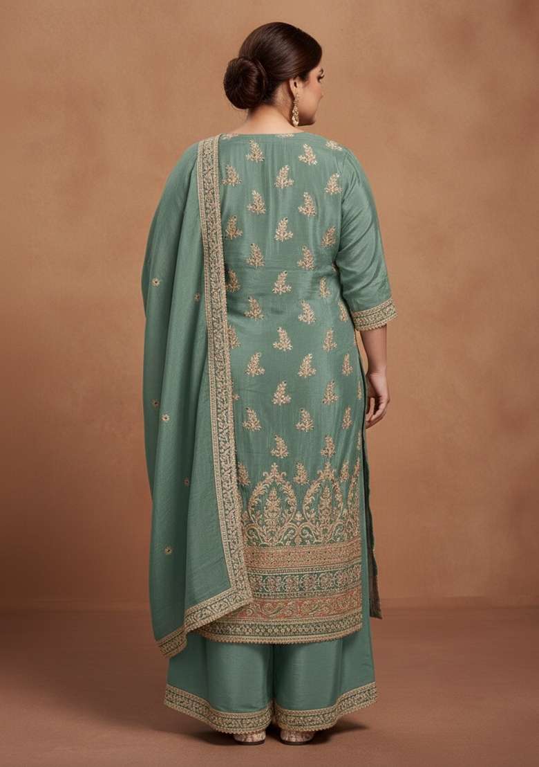 Sea Green Embroidered Silk Blend Punjabi Suit - Indya