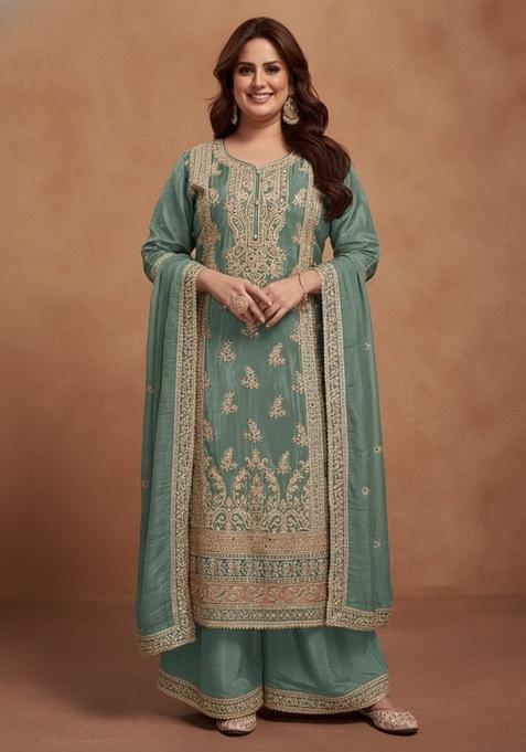 Sea Green Embroidered Silk Kurta Set
