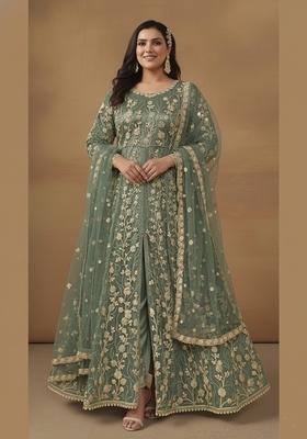 Light Green Embroidered Net Anarkali Set
