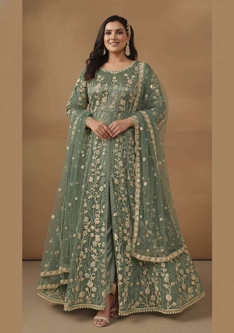 Light Green Embroidered Net Anarkali - Indya
