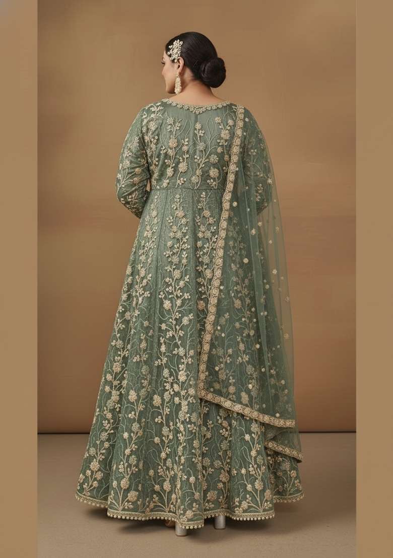Light Green Embroidered Net Anarkali - Indya