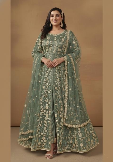 Light Green Embroidered Net Kurta Set