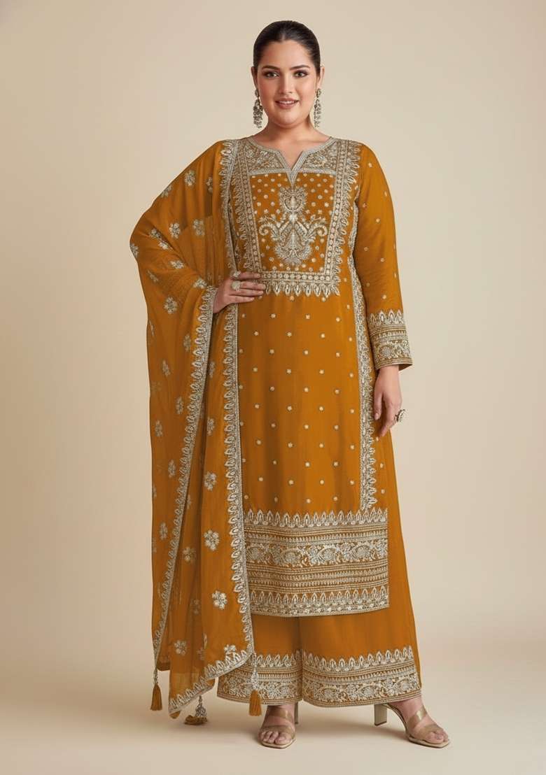 Mustard Embroidered Georgette Kurta Set - Indya