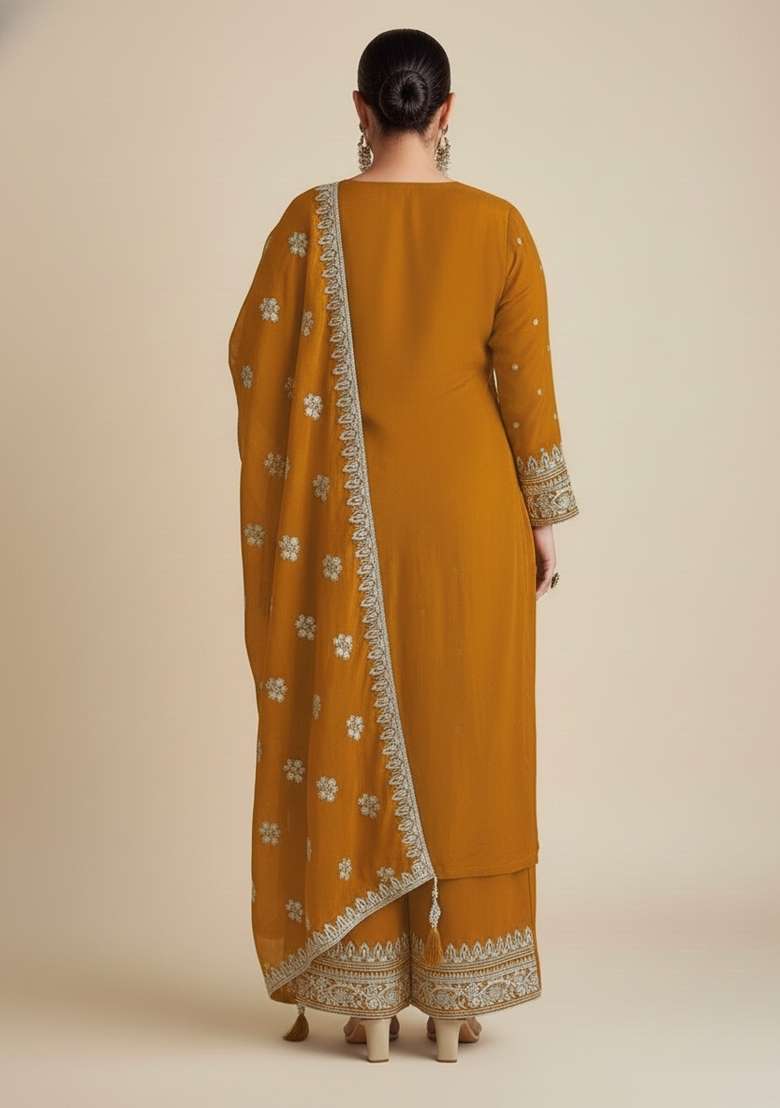 Mustard Embroidered Georgette Kurta Set - Indya