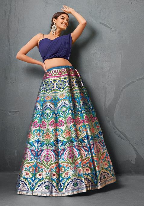 Navy Blue Zari Work Banarasi Silk Lehenga Set