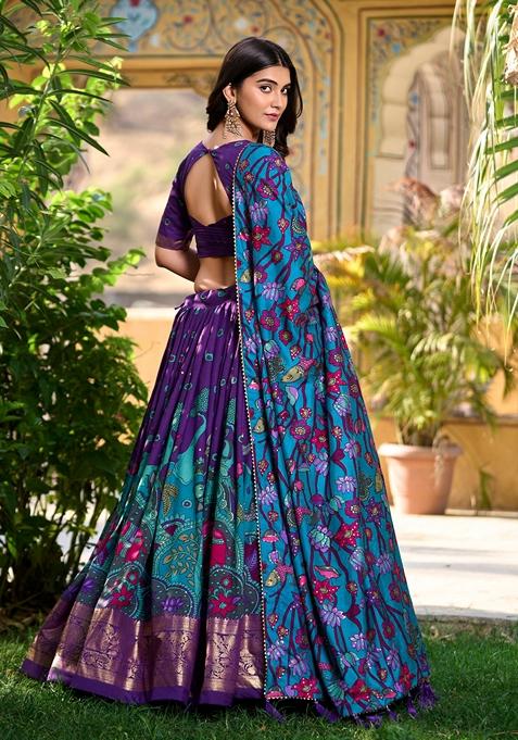 Purple Kalamkari Print Tussar Silk Lehenga Set