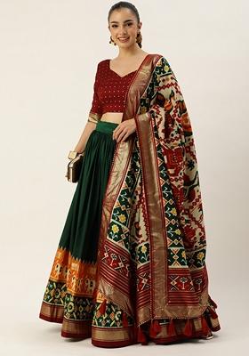 Green Foil Work Tussar Silk Lehenga Choli Set